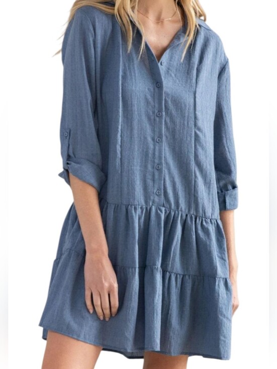 Love Stitch Dresses & Skirts - LOVESTITCH Long Sleeve Tiered Babydoll Shift Dress Blue Size S